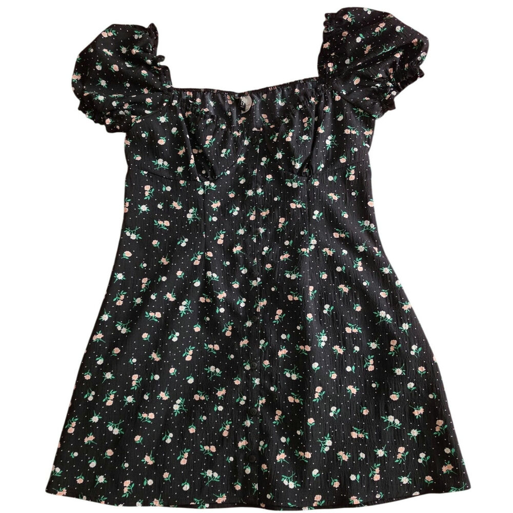 Divided by H&M Black Floral & Polka Dot Puff Sleeve Mini Dress – Size M